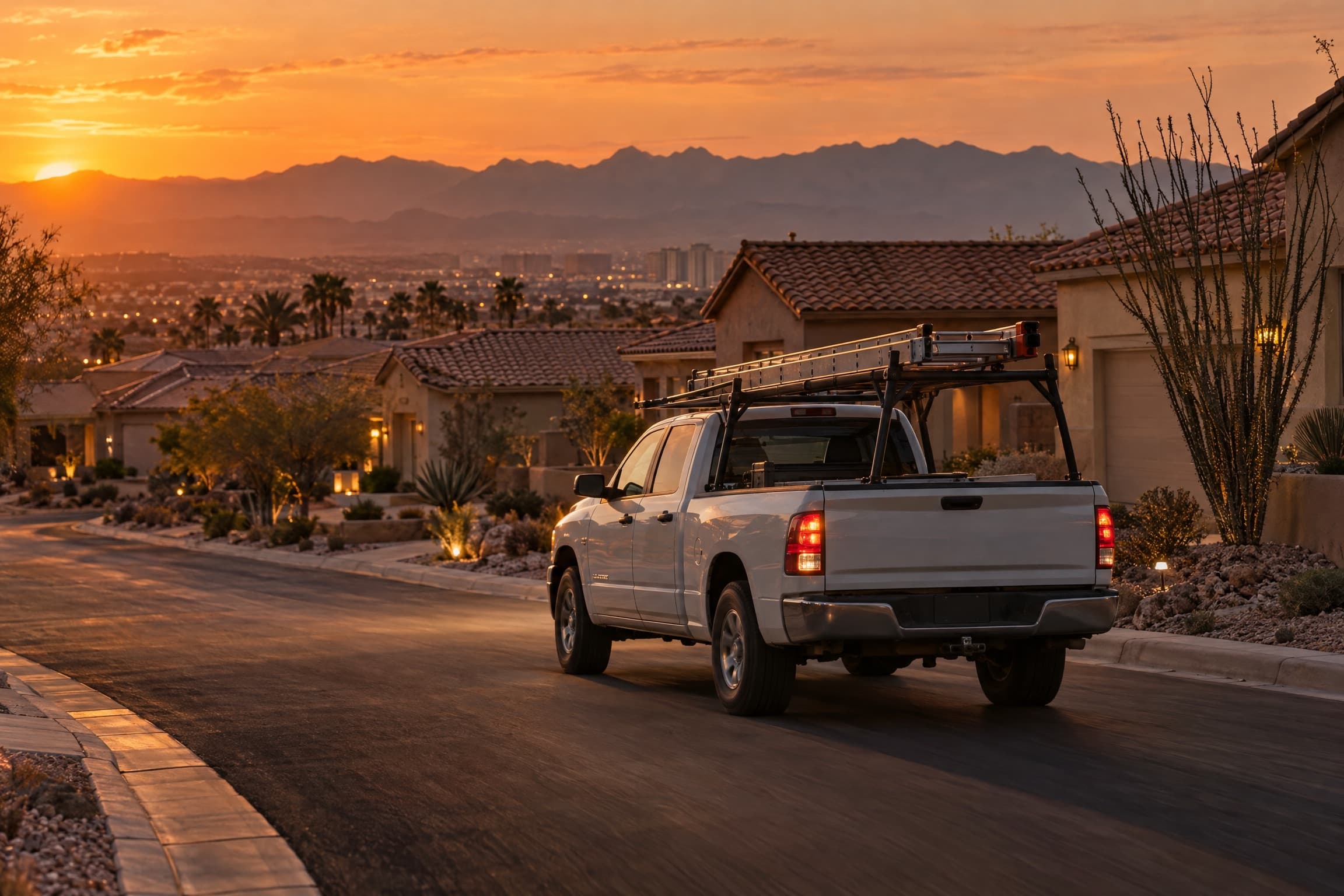 A Las Vegas contractor's truck at golden hour in a residential neighborhood